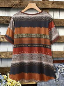 Seusyu Spring & Summer Casual Elegant Knit Textured Element Patchwork Loose Fit Button Front Round Neck Pullover T-Shirt For Plus Size Women - Multicolor - View 2