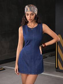 Jeanoix Women's Round Neck Sleeveless Fitted Casual Denim Dress - Dark Wash - View 4