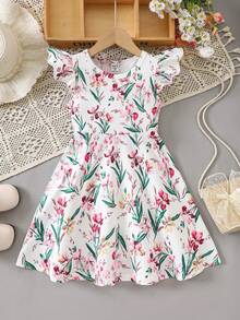 女童春夏休闲简约新款连衣裙,粉色碎花数码印花针织面料,圆领无袖荷叶边腰身连衣裙,适合可爱、优雅、简约的小女孩,适合日常、上学、外出、海滩、派对等场合。春夏儿童连衣裙,白色碎花连衣裙,女童短袖连衣裙,小女孩连衣裙,热带风情连衣裙 - 彩色 - 查看 7