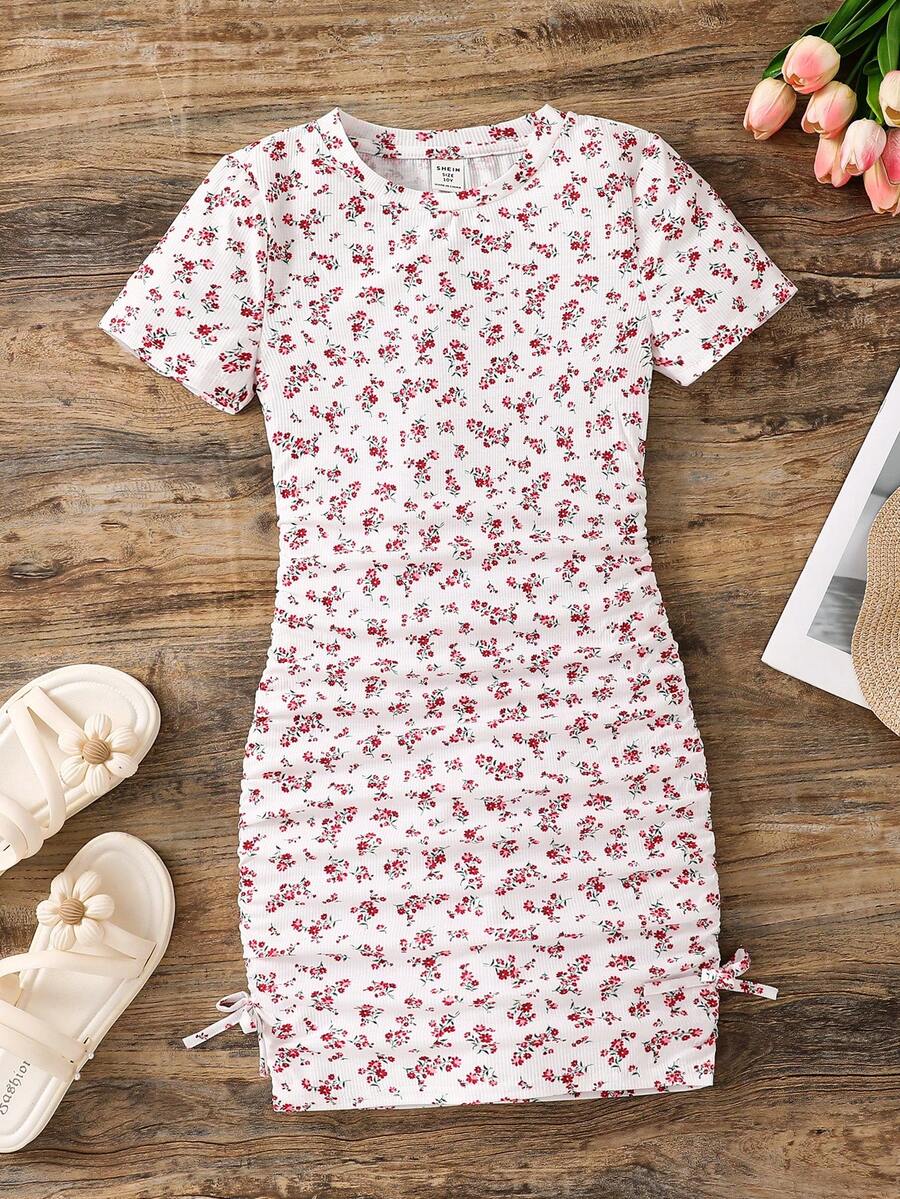 SHEIN Tween Girls' Summer Casual Ditsy Floral Dress - White - View 1