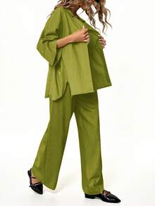 Aveloria Modichic 2件套 女士混纺侧开衩宽松衬衫和高腰阔腿裤 优雅商务休闲女装 - 綠色 - 查看 3