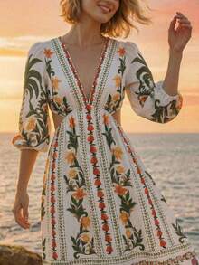 CAJUNI 热带度假可爱刺绣长裙 - 杏色 - 查看 4