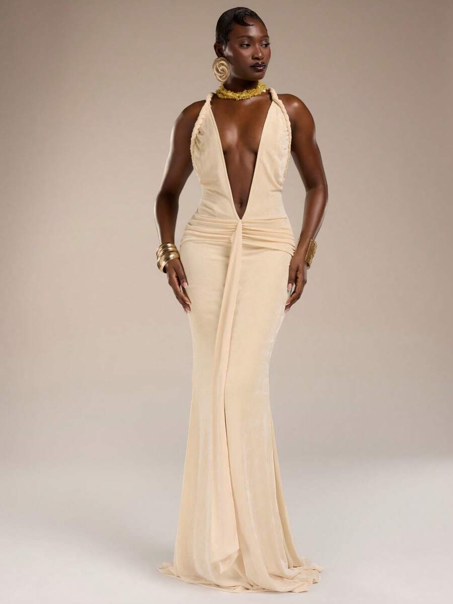 Normani Đầm maxi bóng mượt, gợi cảm, kiểu dáng thắt bím, hở lưng chữ V, thích hợp cho tiệc cocktail dành cho phái nữ. - Màu be - Xem 1