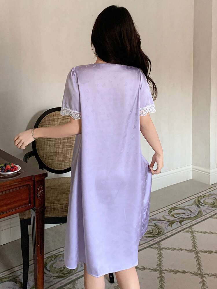 Lace Patchwork Frill Trim Bow Print Loose Short Sleeve Nightgown Dress For Women