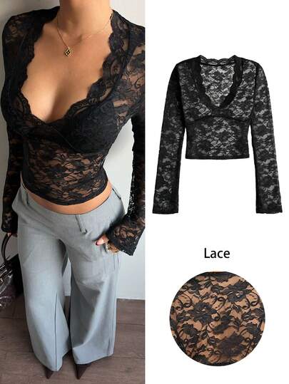 Siren Gaze Spring & Summer Asymmetrical V Neck  Top With Lace Evening Party Formal Elegant Sleeve Blouse For Holiday Night Out Wedding Guest Spring Summer Fall,Women's Black T-Shirt With Elegant Lace Hem Long Sleeve V-Neck Casual Top Comfortable Black  T-Shirt With Lace Trim For Women Stylish Short Sleeve Crew-Neck Top Chic Black Lace Hem  Women's Fitted  Sleeve Everyday Top Valentines Lace Trim Top Casual Tops Casual Tops Women Spring Women Summer For Women New Year Party Top Black Top Asymmetric Lace Trim T-Shirt With Long Sleeves For Casual Everyday Wear And Office Styling. Women's Summer Slim Fit Asymmetric Lace  T-Shirt With Hem Splicing And Flutter Design, T-Shirt.Fashionable Sexy Black Lace Patchwork Hollow Out Flare Sleeve Women T-Shirt Top