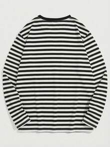 SWAVVY Casual White And Black Striped Drop Shoulder Long Sleeve T-Shirt For Men Knitted Fabric Round Neck Men Striped T Shirt Striped Shirts Striped Long Sleeve Mens Long Sleeve - White - View 6