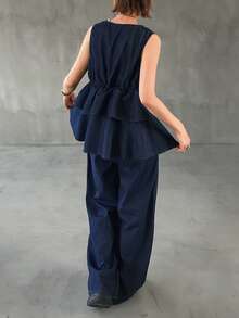 FRIFUL Women's Fashion Double Ruffle Hem Camisole & Denim Pants Set - Black - View 2