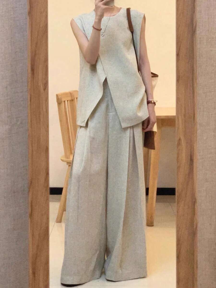 FRIFUL 女士圆领不对称下摆交叉上衣和阔腿纯色长裤两件套 - 米色 - 查看 1