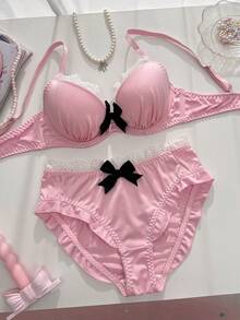 Conjunto de lencería rosa suave, sujetador push-up con volantes y encaje a contraste y braguitas - Rosa - Ver 1