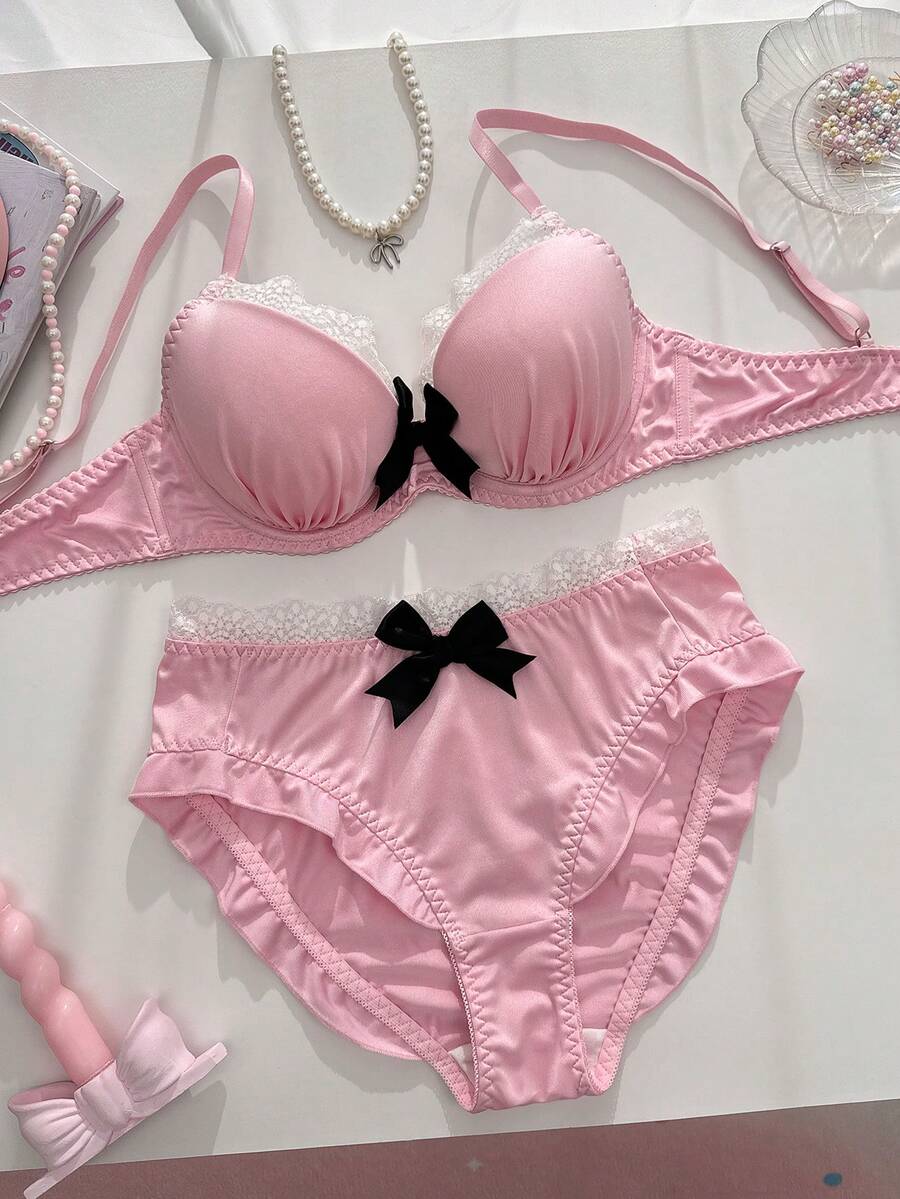 Conjunto de lencería rosa suave, sujetador push-up con volantes y encaje a contraste y braguitas - Rosa - Ver 1