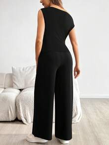 SHEIN 2 pezzi/set Maternità, top a spalle scoperte con orlo irregolare in colore unito e pantaloni a vita regolabile con gamba ampia, per uso casual quotidiano - nero - Visualizzare 2