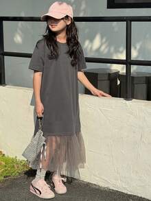 DAZY 少女夏季新款圆领针织短袖蝴蝶结刺绣连衣裙 - 灰色 - 查看 5