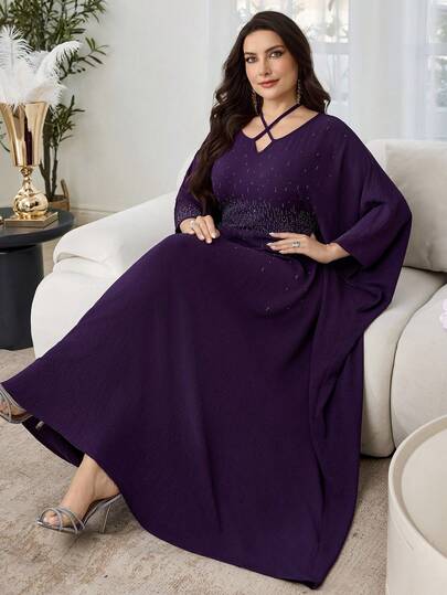 Al Najma Đầm dự tiệc nữ dài tay cánh dơi, đính đá lấp lánh, trang trí eo, cổ tròn, buộc dây, dáng rộng, lãng mạn, phong cách Ả Rập thanh lịch.