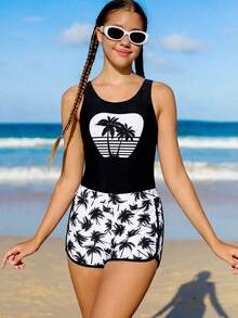 SHEIN 少女连体泳衣，黑色棕榈树印花，带短裤，时尚休闲优雅女士风格，适合夏季游泳、度假、海滩、泳池等场合 - 黑色 - 查看 3