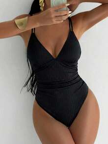 Swim Basics 新款黑色提花针织露背连体衣（女士款） - 黑色 - 查看 2