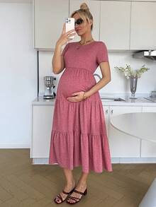 SHEIN Vestido de maternidad de unicolor con volantes en el bajo y cuello redondo de manga corta - Rosa - Ver 3