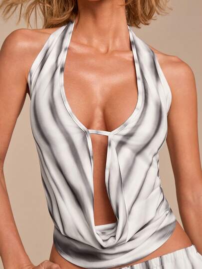 COSMINA Women's Casual V-Neck Printed White Backless Sexy Knit Top, Suitable For Outdoor Wear, Spring/Summer