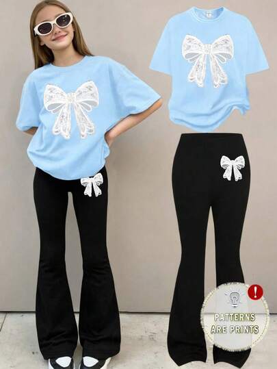 Sparklyn Tween Girls Spring And Summer Casual Fashion Creative Personalized Fresh Elegant Minimalist White Lace Bow Graphic Print Relaxed T-Shirt And Flare Pants Set, Comfortable Daily Wear For Girls, Cozy Summer And Fall Styles Suitable For Spring, Summer And Autumn, Blue T-Shirt 2-Piece Set, Comfortable And Versatile Homewear And Casual Outfit