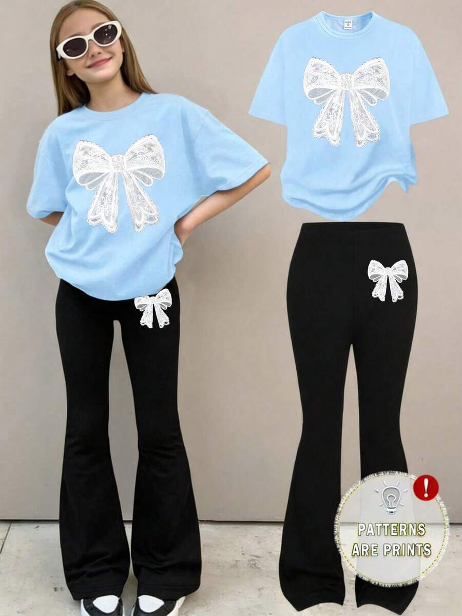 Sparklyn Bộ đồ thể thao mùa xuân hè cho bé gái, phong cách thường ngày sáng tạo, cá tính, tươi mới, thanh lịch, tối giản, gồm áo thun trắng có nơ ren và quần ống loe, thoải mái để mặc hàng ngày, ấm áp cho mùa hè và mùa thu, bộ 2 món áo thun màu xanh dương, thoải mái và đa năng cho trang phục mặc nhà và thường ngày. - Nhiều màu - Xem 1
