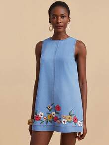 Travachic 女士碎花圆领无袖休闲宽松牛仔连衣裙 - 淺色水洗藍 - 查看 6