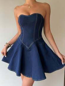 Siren Gaze 女士夏季时尚束腰无肩带牛仔连衣裙 - 深色水洗藍 - 查看 7