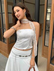 EastFlair Women's Floral Jacquard Snap Button Design Fashion Tube Top - White - View 4