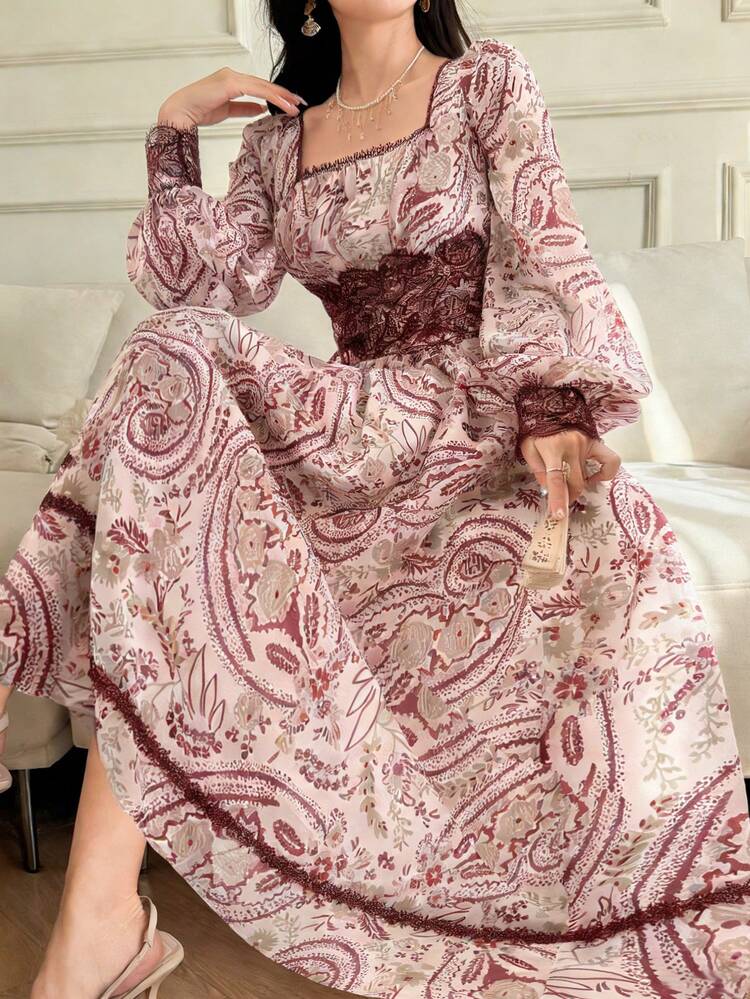 Spring & Summer Bohemian Style All-Over Print Dress, Elegant For Valentine's Day, Wedding, Party, Formal Occasion, Fashion Event, Slim Fit, Long Sleeve, Maxi Length Sundress Boho