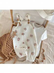 Loomiva Newborn Baby Girl Floral Print Strap Romper & Pants Set, Versatile & Comfortable,Kids - Apricot - View 4