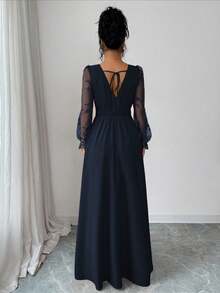 Elenzga 女士优雅深V领蕾丝拼接长袖高开衩连衣裙，适合毕业典礼、节日、情人节、音乐节、母亲节、感恩节、复活节、国庆节、舞会、约会、派对、婚礼、户外活动、春夏等场合。 - 藏蓝色 - 查看 2