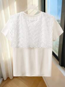 GlowEve 白色法式圆领短袖蕾丝披肩女式T恤 - 白色 - 查看 2