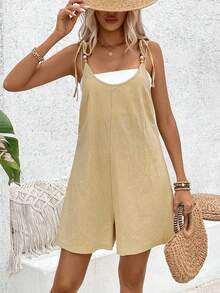 Breezaya Solid Color Washed Cotton Round Neck Beaded Jumpsuit - Khaki - View 7