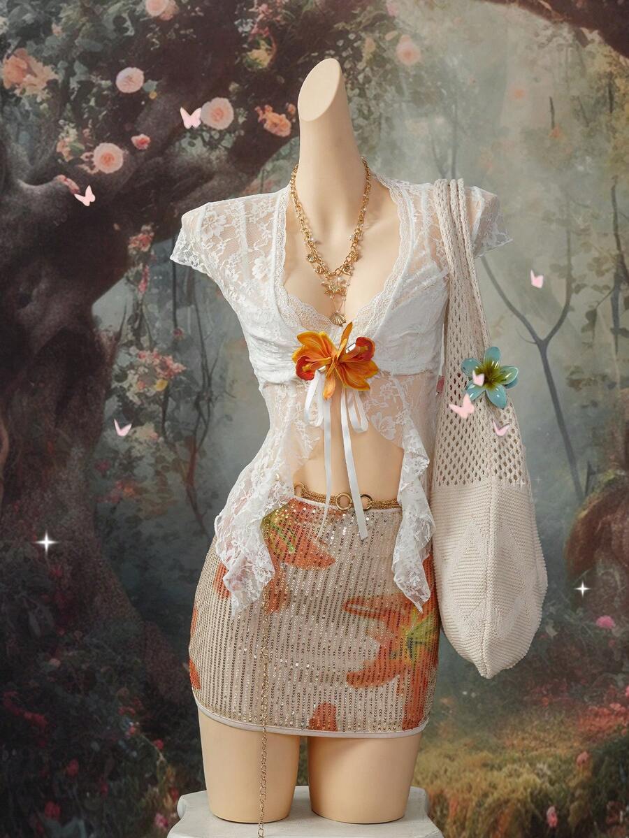 EgrlEra Áo croptop gợi cảm bằng vải ren, buộc dây phía trước, dành cho nữ.