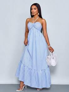SOLERSUN 女士度假性感蓝白条纹露背打结前褶皱亚麻棉飘逸多层长裙，夏季休闲沙滩度假连衣裙（随机花卉图案） - 藍白色 - 查看 5