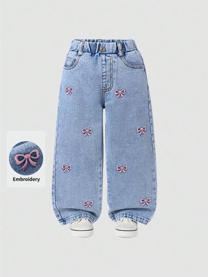 ChillGRL Young Girls Fashion Snowflake Washed Distressed Embroidered Flare Pants Jeans With Pink Bows