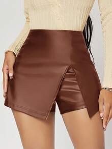 SHEIN SXY 春夏双层下摆PU皮黑色紧身裙裤 - 棕色 - 查看 1