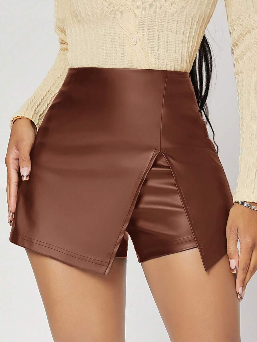 SHEIN SXY 春夏双层下摆PU皮黑色紧身裙裤 - 棕色 - 查看 1