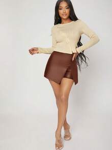 SHEIN SXY 春夏双层下摆PU皮黑色紧身裙裤 - 棕色 - 查看 5