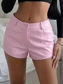 SHEIN EZwear 纯色PU皮革低腰短裤，带腰带环，时尚百搭，夏季必备 - 淺粉色 - 查看 4