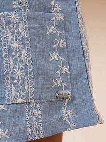 SUMWON 女童浅蓝色碎花连体衣，白色刺绣，系带肩带，夏季连体裤 - 淺藍色 - 查看 5