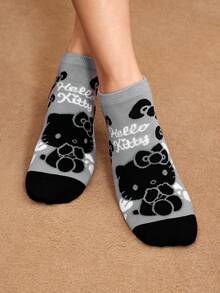 HELLO KITTY AND FRIENDS | SHEIN 2双装柔软透气吸湿休闲女士短袜，猫咪图案，时尚可爱卡通黑白短袜，加固趾部和脚跟，经久耐穿，四季皆宜，夏季冬季百搭图案袜 - 彩色 - 查看 4