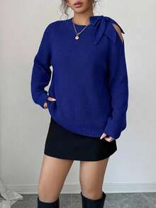 Women's Casual Everyday Commute Simple Solid Color Twist Cold Shoulder Raglan Sleeve Loose Knit Sweater, Autumn/Winter - Royal Blue - View 3