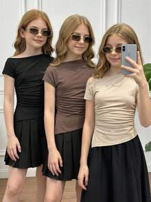 3件套少女休闲日常百搭优雅通勤斜肩短袖修身露脐纯色针织T恤，春夏款 - 彩色 - 查看 1