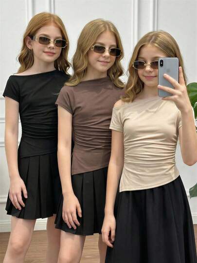 Set de 3 camisetas de punto de unicolor de manga corta, ajustadas y acortadas, con hombros oblicuos, elegantes y versátiles para uso diario, para niñas preadolescentes, para primavera/verano