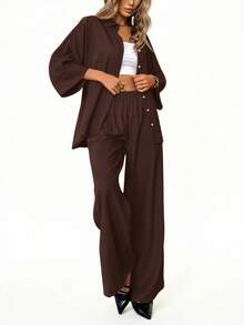 Aveloria Modichic 2pcs/Set Women Blended Side Slit Loose Shirt And High Waist Wide Leg Pants Elegant Business Casual Women  - Chocolate Brown - View 4