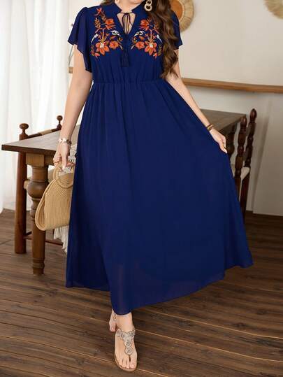 Lacomfia Plus Size Women Floral Embroidery Tie Neck Ruffle Sleeve Elegant Dress