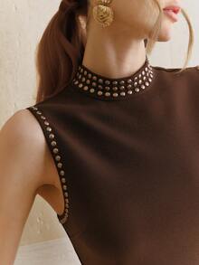 Anewsta Đầm nữ thanh lịch, đầm đi nghỉ mát, đầm dài màu nâu tối giản không tay cổ lửng, đính tua rua, thích hợp cho công sở. - Cà phê - Xem 1