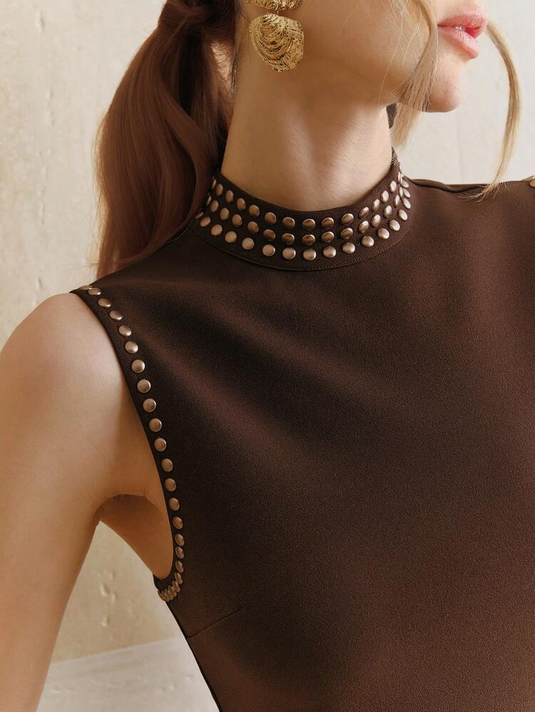 Women's Elegant Dress, Vacation Wear Dress, Minimalist Commuter Half-High Collar Sleeveless Embellished Brown Long Tassel Dress