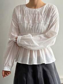 DAZY 女士休闲纯色长袖圆领衬衫，适合春季、夏季和情人节穿着。 - 白色 - 查看 4