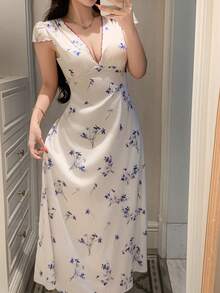 DAZY Women's Elegant Ditsy Floral Satin Contrast Trim Waist Maxi Nightgown, Summer - Beige - View 4