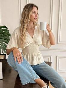 BizChic Áo kiểu nữ mùa xuân/hè mới, màu mơ, kẻ sọc dọc, tay raglan nhún bèo, eo chun, gấu áo xếp ly, tôn dáng. - Nhiều màu - Xem 7